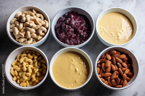 Processing nuts into vegan sauces and cheeses A variety of foods are displayed on a table. AI generation