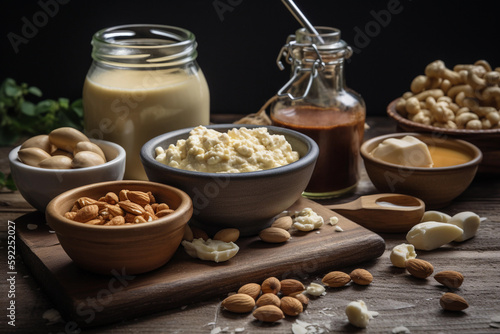 A variety of nuts and milk are on a table. AI generation