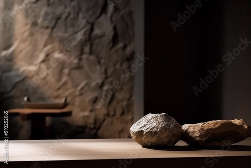Two rocks on a table with a stone wall in the background AI generation
