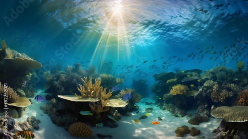 diving into a vibrant underwater world: exploring a colorful coral reef teeming with exotic fish, rays of sunlight filtering through the crystal clear waters. generative ai