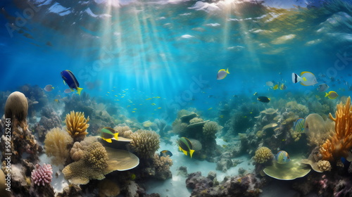 diving into a vibrant underwater world  exploring a colorful coral reef teeming with exotic fish  rays of sunlight filtering through the crystal clear waters. generative ai