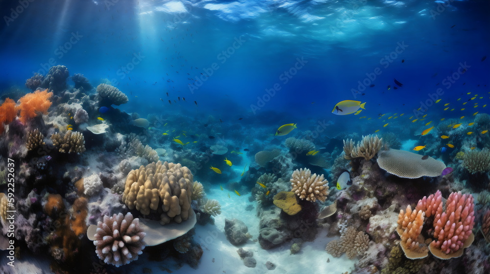 diving into a vibrant underwater world: exploring a colorful coral reef teeming with exotic fish, rays of sunlight filtering through the crystal clear waters. generative ai