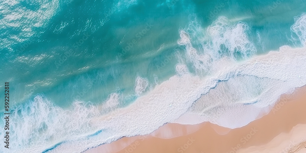 Ocean waves on the beach as a background. Beautiful natural summer vacation holidays background. Aerial top down view of beach and sea with blue water waves - obrazy, fototapety, plakaty 