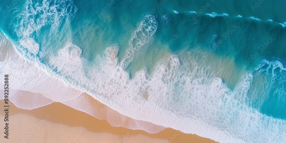 Ocean waves on the beach as a background. Beautiful natural summer vacation holidays background. Aerial top down view of beach and sea with blue water waves