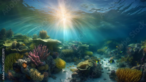 diving into a vibrant underwater world: exploring a colorful coral reef teeming with exotic fish, rays of sunlight filtering through the crystal clear waters. generative ai © Akash