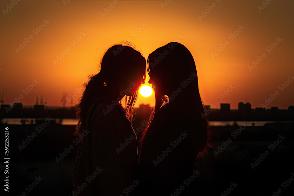 Two Girls Silhouettes Standing Close During Sunset. AI generative