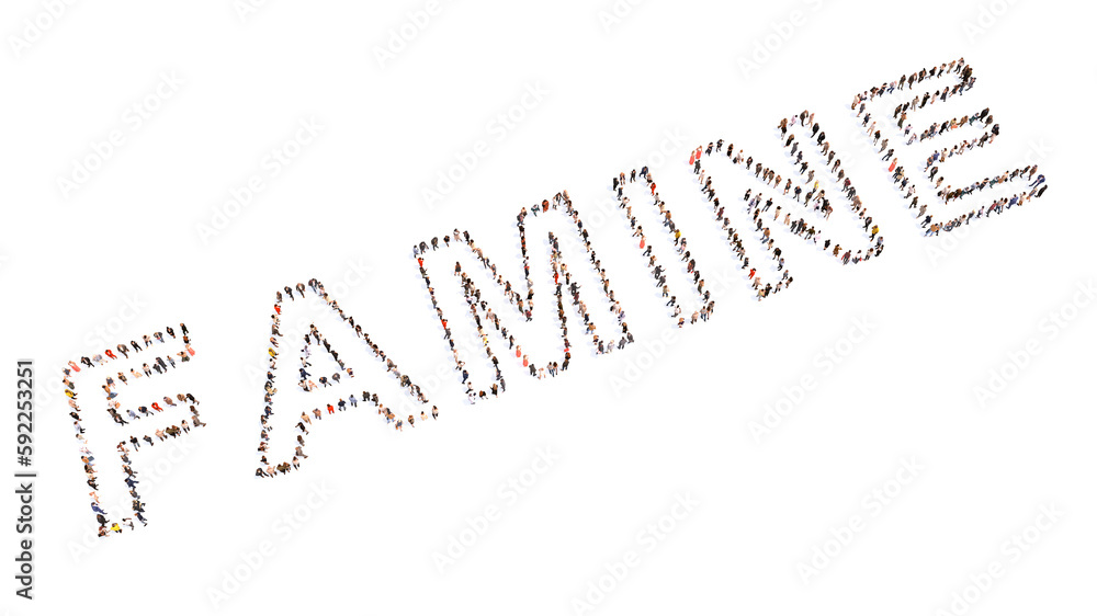 Conceptual large community of people forming the word FAMINE 3d