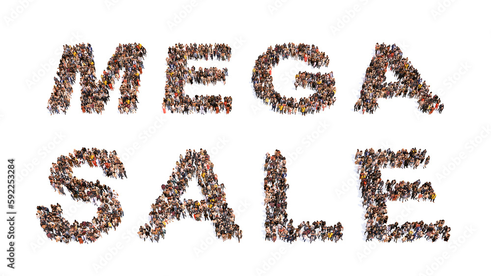 Concept or conceptual large community of people forming the MEGA SALE message. 3d illustration metaphor for special offer, discount, coupon, deal, shopping, marketing, commerce and business Concept or conceptual large community of people forming the MEGA SALE message. 3d illustration metaphor for special offer, discount, coupon, deal, shopping, marketing, commerce and business