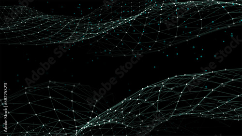 Abstract double futuristic wave with moving dots and lines. Flow of particles. Vector cyber technology illustration.