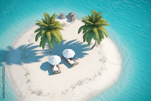 Two Beach Chairs on Small Tropical Sunny Island with Palms. AI generative