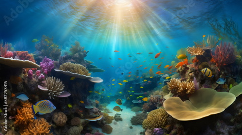 diving into a vibrant underwater world: exploring a colorful coral reef teeming with exotic fish, rays of sunlight filtering through the crystal clear waters. generative ai © Akash