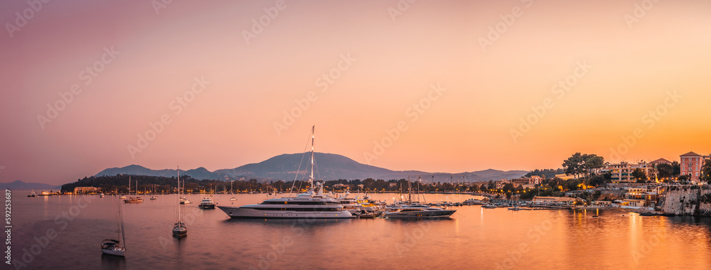 Panoramic scenery of a beautiful harbor at sunset