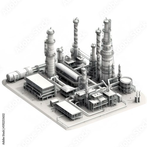3D refinery plant isometric view on white background. Digitally generated AI image.