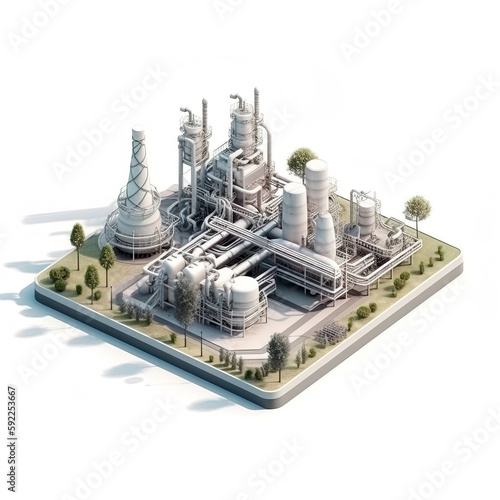 3D refinery plant isometric view on white background. Digitally generated AI image.