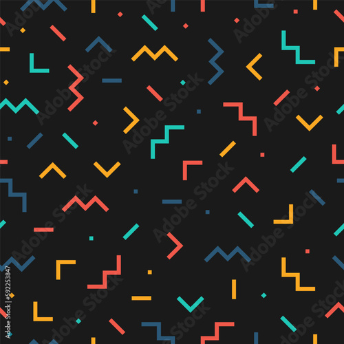 Seamless pattern with colorful memphis design and black background