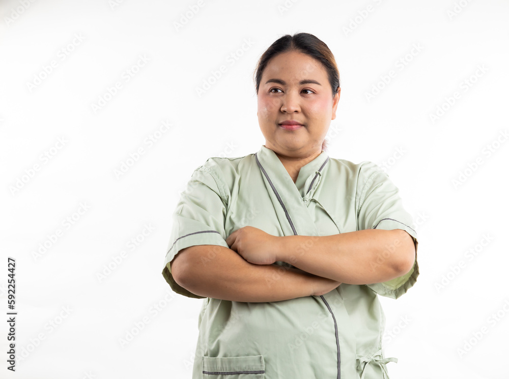 Arm crosses. Happy smiling asian women patient on white background. Fat and overweight obese woman Arm crosses. Happy smiling asian women patient on white background. Fat and overweight obese woman