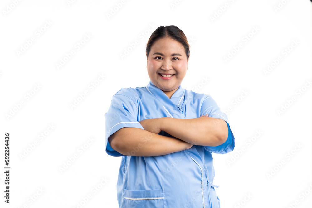 Arm crosses. Happy smiling asian women patient on white background. Fat and overweight obese woman Arm crosses. Happy smiling asian women patient on white background. Fat and overweight obese woman