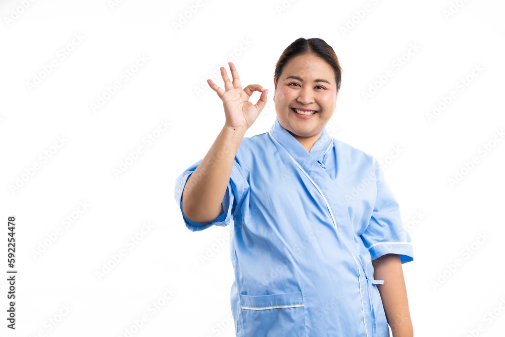 Asian female show ok sign. Happy smiling asian women patient on white background. Fat and overweight obese woman Asian female show ok sign. Happy smiling asian women patient on white background. Fat and overweight obese woman