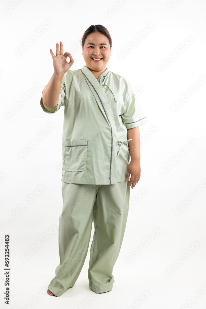 Asian female show ok sign. Happy smiling asian women patient on white background. Fat and overweight obese woman Asian female show ok sign. Happy smiling asian women patient on white background. Fat and overweight obese woman