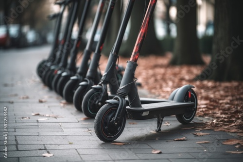 Green Transportation: Eco-friendly electric scooters standing in a row by a park in a city.