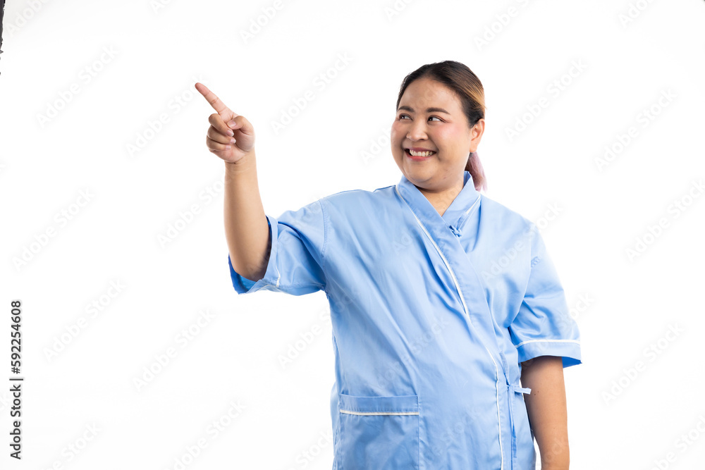 Excite female patient pointing up and looking at camera. Happy winner smiling asian women patient on white background. Fat and overweight obese woman Excite female patient pointing up and looking at camera. Happy winner smiling asian women patient on white background. Fat and overweight obese woman