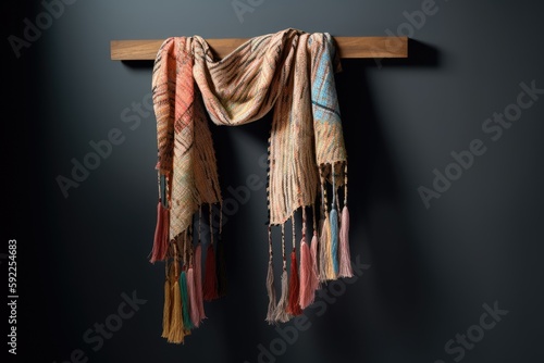 A photo of a scarf made from sustainable materials hanging on a hook.
