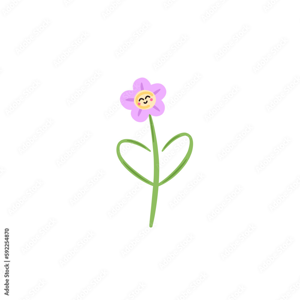 purple cartoon character flower with cute smiling face and heart shaped leafs illustrated on a transparent background
