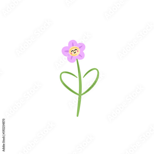 purple cartoon character flower with cute smiling face and heart shaped leafs illustrated on a transparent background