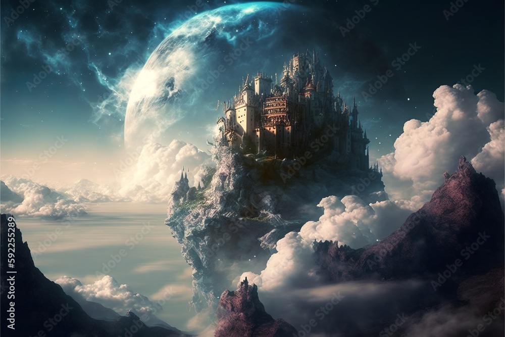 a wonderful picture of a dreamlike place, with a mountain, a castle, and a wonderful sky
