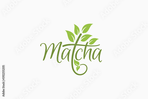 matcha logo with beautiful matcha lettering and natural tea leaves.