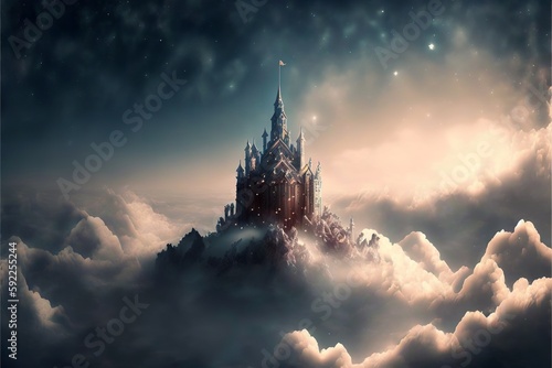 a wonderful picture of a dreamlike place, with a mountain, a castle, and a wonderful sky