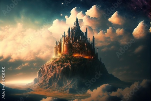 a wonderful picture of a dreamlike place, with a mountain, a castle, and a wonderful sky