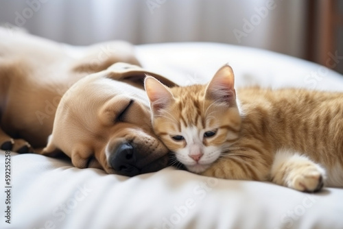 cute dog and cat sleeping on the bed