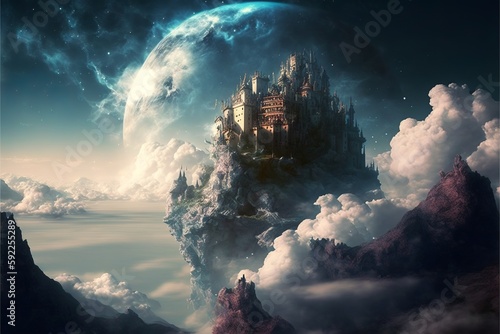 a wonderful picture of a dreamlike place  with a mountain  a castle  and a wonderful sky