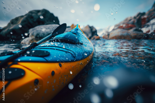 Close up of kayak in the water with rocks in the background. Generative AI. © valentyn640