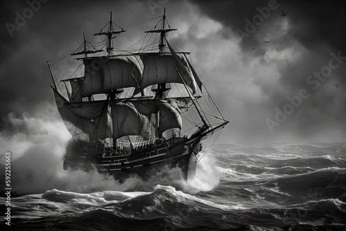black and white photo of pirate ship on stormy seas, with waves crashing against the hull, created with generative ai