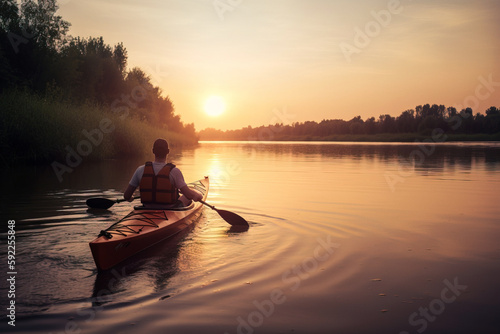 Sailing the kayak at the river in the evening. Getting away from it all concept. Not an actual real person. Digitally generated AI image
