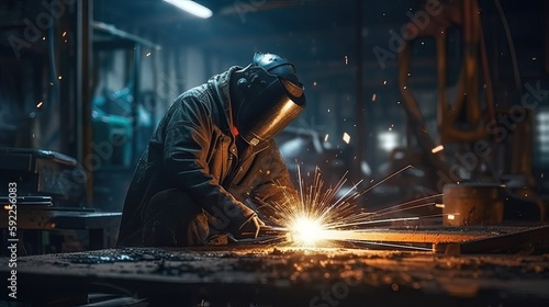 Industrial Welder is welding metal. Generative AI