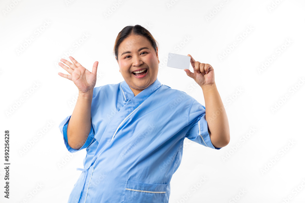 Hand hold blank white card mockup. Happy smiling asian women patient on white background. Fat and overweight obese woman Hand hold blank white card mockup. Happy smiling asian women patient on white background. Fat and overweight obese woman