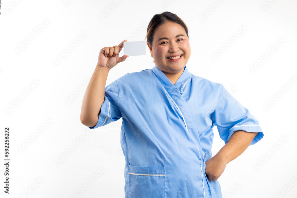 Hand hold blank white card mockup. Happy smiling asian women patient on white background. Fat and overweight obese woman Hand hold blank white card mockup. Happy smiling asian women patient on white background. Fat and overweight obese woman