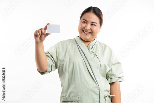 Hand hold blank white card mockup. Happy smiling asian women patient on white background. Fat and overweight obese woman