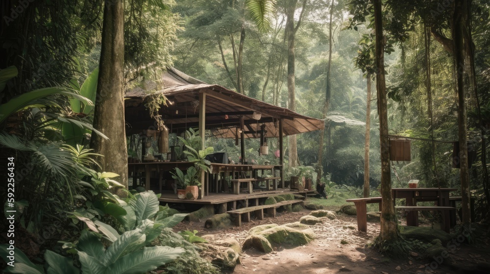 Coffee shop or village in the jungle forest Coffee shop or village in the jungle forest