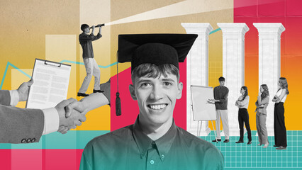 Happy graduate student, man reaching success in professional sphere, signing contract and starting business career. Contemporary art collage. Concept of business, career development. Creative design