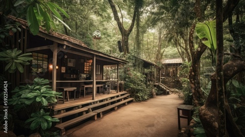 Coffee shop or village in the jungle forest
