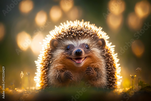Smiling hedgehog sitting on top of lush green field next to forest. Generative AI.
