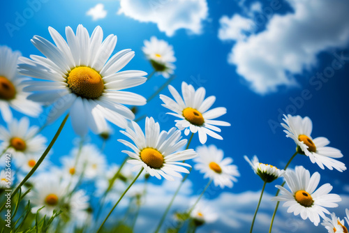 Bunch of daisies in field with blue sky in the background. Generative AI.