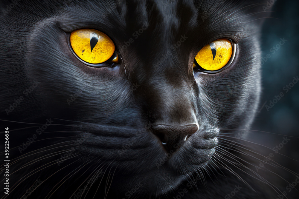 Close up of black cat's face with bright yellow eyes. Generative AI.