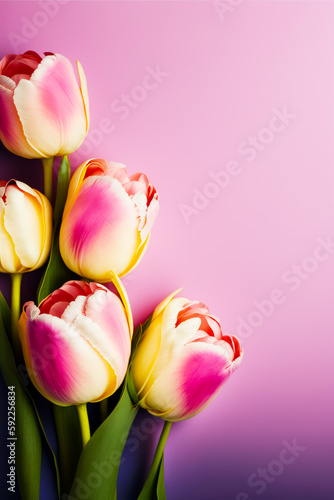 Bunch of pink and yellow tulips on pink background with space for text. Generative AI.