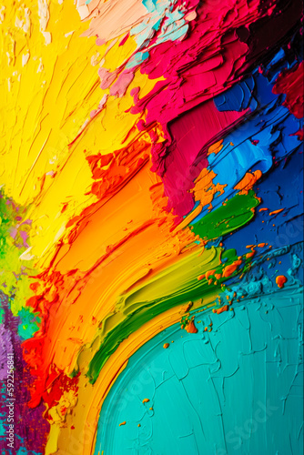 Close up of multicolored painting with lots of paint on it. Generative AI.