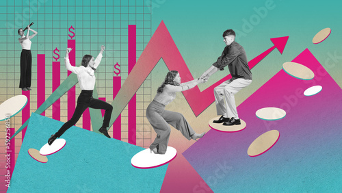Teamwork, assistance of colleagues. Young people, employees reaching professional success, growing financial profits. Contemporary art collage. Concept of business, career development. Creative design